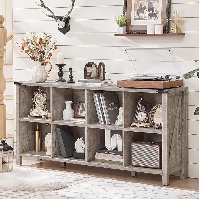 8 Cube Book Shelf, Farmhouse Wood Long Storage Organizer Bookcase, 62" Horizontal Grey Oak Console Closet Bookshelf, Hallway TV Stand for Entryway, Display Cabinet Book Case for Living Room