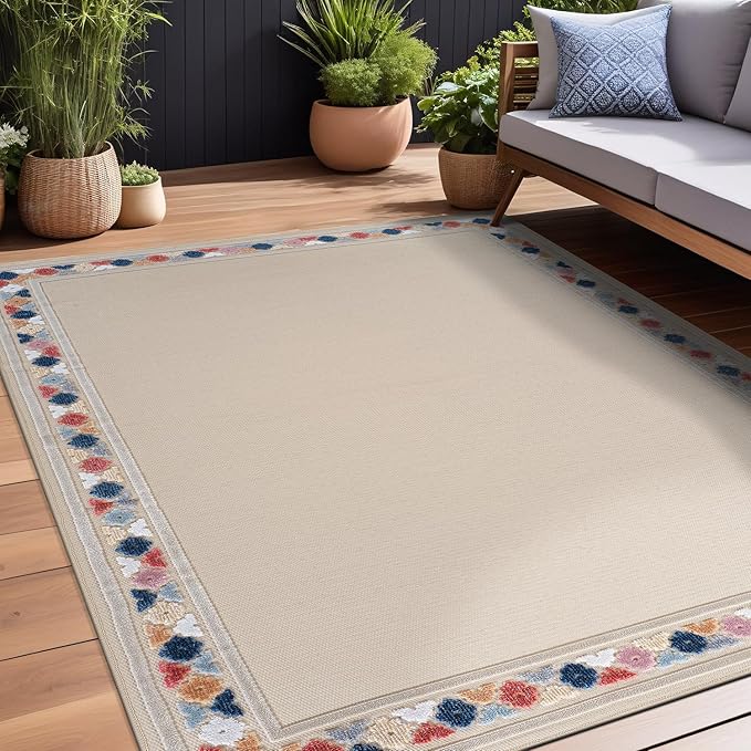 Beverly Rug Outdoor Rug 5x7 Modern Bordered Area Rugs for Indoor and Outdoor Patio Easy to Clean Non Shedding Living Room Porch Garden Washable Outside Carpet (5 x 7 Beige)