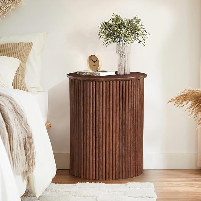 AVZEAR Small Round Side Table Fluted Night Stand Set of 2, 17.7" Mid Century Modern End Table, Circle Bedside Tables Wood Nightstands for Small Spaces, Living Room, Bedroom (Rustic Walnut)