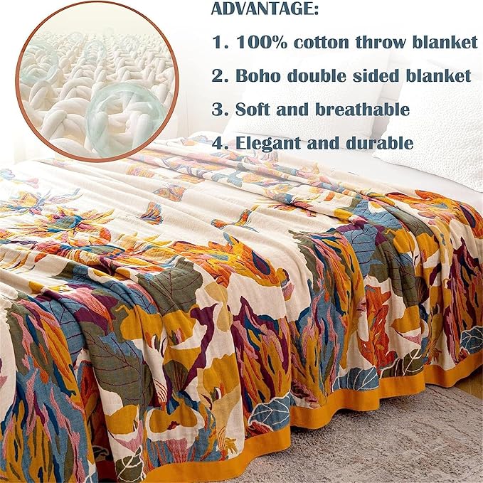 100% Cotton Throw Blanket for Bed Couch Summer 98''x 98'' Super Soft Muslin Blankets Warm Boho Quilt Lightweight Farmhouse Decorative Bed Blankets