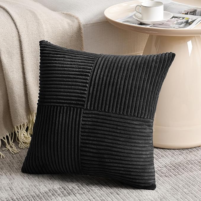 Fancy Homi 2 Packs Black Big Decorative Throw Pillow Covers 24x24 Inch for Couch Bed Sofa, Rustic Farmhouse Boho Home Decor, Soft Corss Corduroy Patchwork Accent Square Cushion Case 60x60 cm