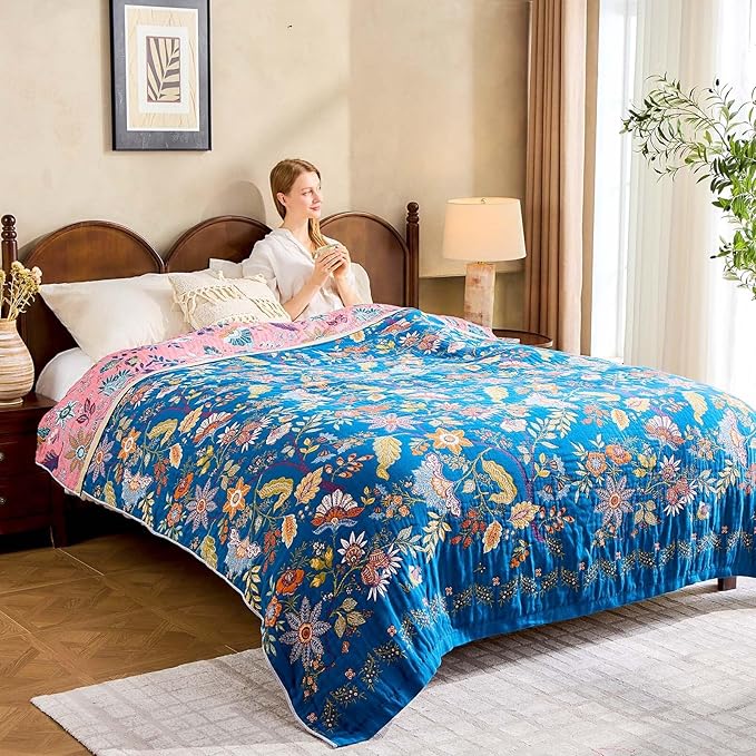 Fall Throw Blanket for Couch, Blue Boho Decorative Throw Blanket, 100% Cotton Muslin Breathable Woven Farmhouse Blankets Quilt, 90"x98" Reversible Lightweight Blankets Bohemian Throw Quilt