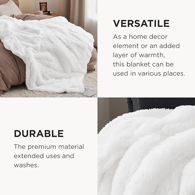 Bedsure GentleSoft Fluffy White Blankets Queen Size for Bed, Thick Sherpa Faux Fur Fleece Fuzzy Plush Winter Warm Heavy Soft Queen Blankets, Bedroom Decor White Gifts Cozy Gifts for Women Men, 90x90