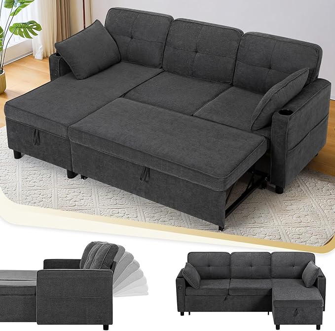 84 Inches Fabric Sectional Sofa w/Pull Out Sofa Bed & Adjustable Back, Tufted L Shaped Couch w/Storage Chaise, Sleeper Sectional Sofa w/USB Port & Cup Holders for Living Room, Grey
