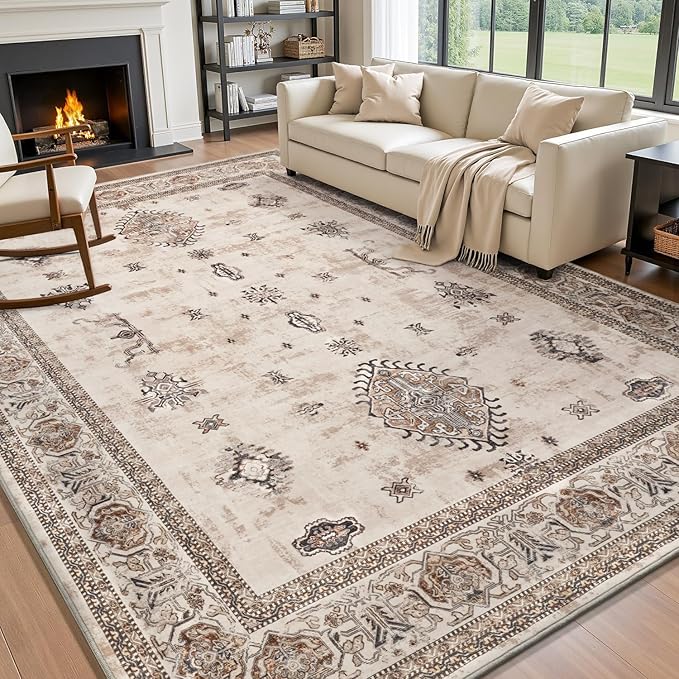 AMOAMI-Vintage Area Rug 8X10 Brown Rugs for Living Room-Soft Living Room Rug Non Slip Rugs for Bedroom Carpet Machine Washable Rug for Dining Room Bedside Office Room Decor