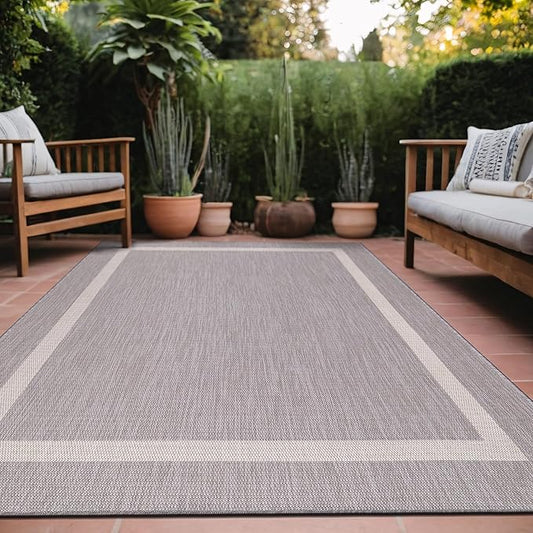 Bordered Outdoor Rug 9x12 Washable Outside Carpet for Indoor Patio Porch Waterproof Easy Cleaning Non Shedding Area Rugs Gray 9 x 12