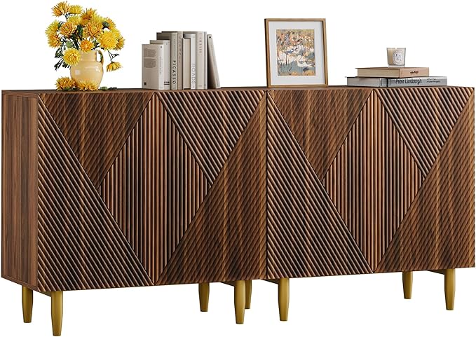 65 Inch Fluted TV Stand, Mid Century Modern Entertainment Center with Storage Cabinets & Adjustable Shelves, Media Console TV Credenza for Living Room, Dining Room, Hallway, Walnut