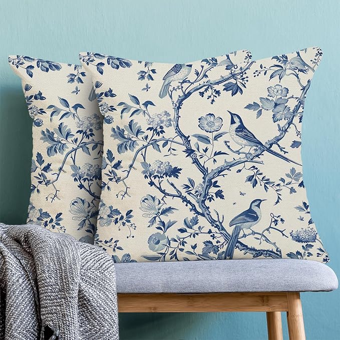 CXMEIFLY Spring Floral Pillow Covers 18 x 18 Inch Set of 2 for Navy Blue Chinoiserie Flowers Bird Decor Throw Pillows Vintage Plant Outdoor Decorative Cushion Cases for Couch Bed Decorations