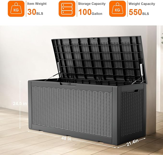 100 Gallon Resin Deck Box, Lockable Patio Outdoor Storage Box for Furniture, Garden Tools and Tools Storage, Waterproof Outside Storage Boxes - Black