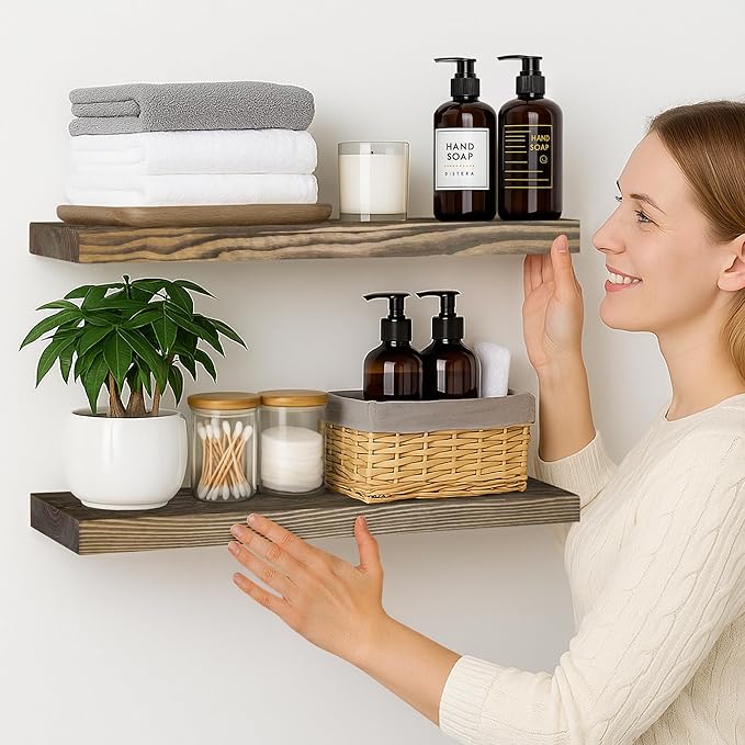 BGMG 30 inch Walnut Floating Shelves for Wall Set of 2,High End Solid Real Wood 30 in Floating Shelf,Rustic Wooden Wall Mount Shelves,Heavy Duty Bracket,30x6.7x1.25 inch