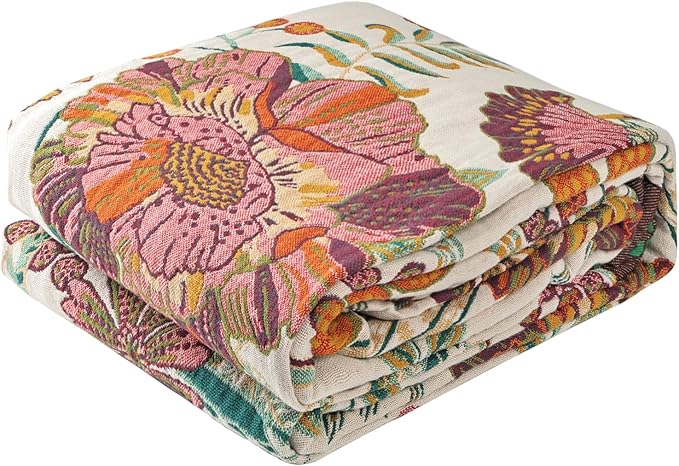 Boho Throw Blanket for Bed - 100% Pure Cotton Ultra Soft Rustic Quilt - Farmhouse Decor Bed Blankets, All Season Rustic Throw for Sofa Couch Chair(80''x 90'', Floral Blossom)