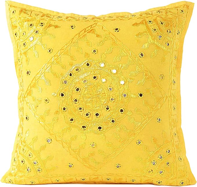 Eyes of India Embroidered Decorative Boho Throw Pillow Cover with Mirrors, Handmade Bohemian Accent Cushion Case for Sofa Couch Bedroom Living Room (Yellow, 24" x 24")