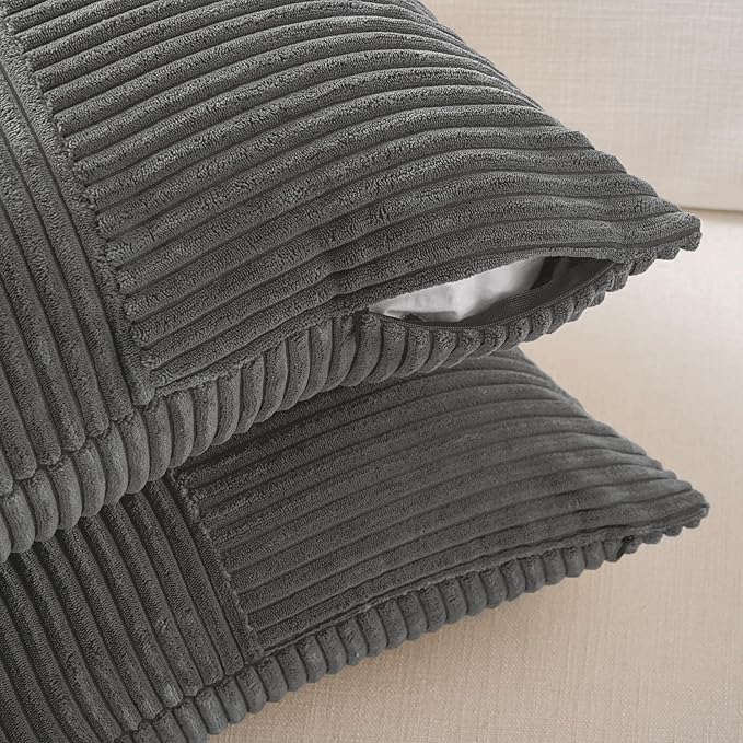 Fancy Homi 2 Packs Dark Gray Lumbar Decorative Throw Pillow Covers 16x32 Inch for Living Room Couch Bed Sofa, Farmhouse Home Decor, Soft Striped Corduroy Rectangle Accent Cushion Case 40x80 cm