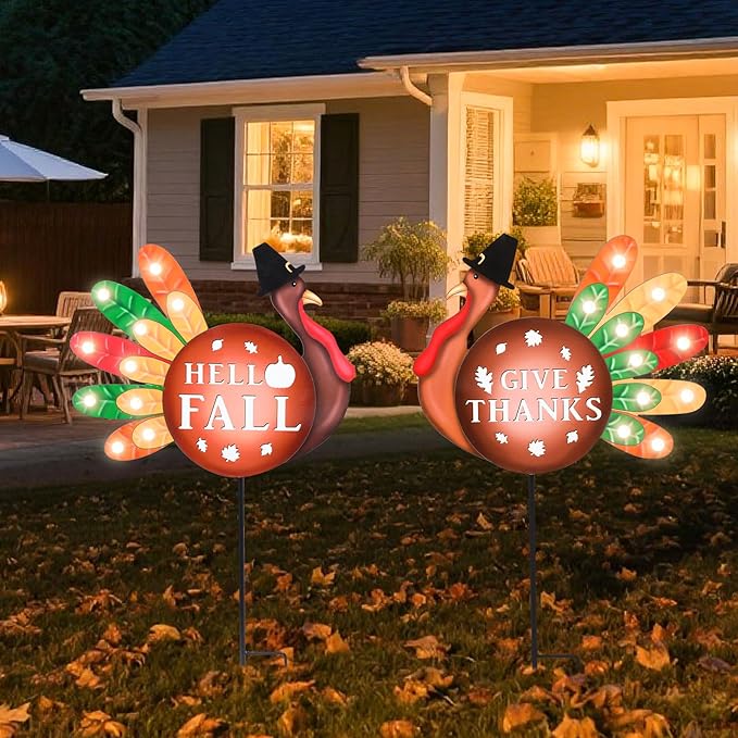 2 PCS Happy Fall Yard Signs Metal Thanksgiving Decorative Garden Stakes with Led Light Turkey Give Thanks Yard Stakes Fall Harvest Lawn Garden Lawn Pathway Decor