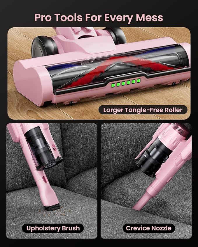 Cordless Vacuum Cleaner for Home, Upgraded 60Kpa Powerful Suction Pet Hair Vacuum with 70min Runtime, Green LED Light for Hardwood Floors & Carpet, Self-Standing Rechargeable Stick Vacuum, Pink