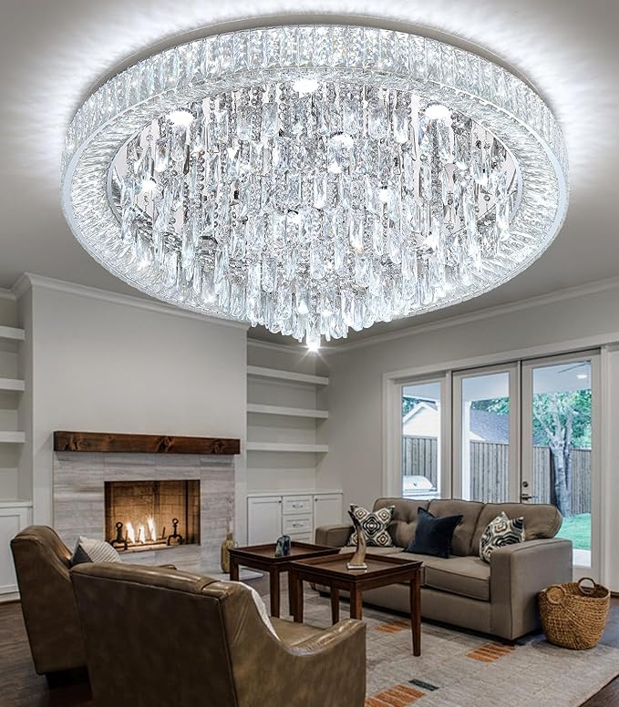 Crystal Chandeliers Modern LED Dimmable Flush Mount Ceiling Chandeliers for Living Room High Ceiling Entrance Foyer Bedroom Dining Room