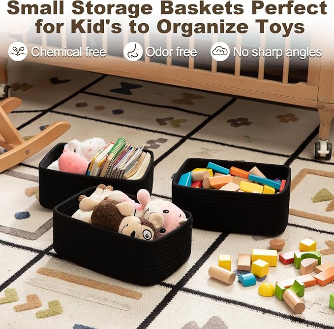 3 Pack Small Storage Baskets for Organizing, Cute Woven Decorative Gift Baskets for Shelves, Mini Closet Organizer Bins with Handles, 11.81''Lx7.87''Wx4.72''H-Black