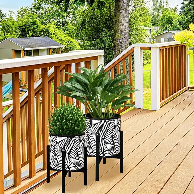 10 & 12 Inches Plant Pot with Stand Set of 2, Decorative Palm Leaves Printing Planter with Holder, Garden Pot for Snake Plant, Monstera, Houseplants - Indoor Outdoor Flower Pots with Drainage Holes