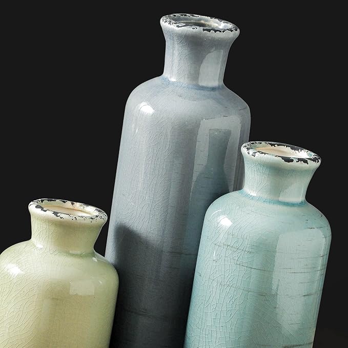 Flower Vase Set of 3, Ceramic Neutral Vases Home Decor, Pottery Rustic Farmhouse Decorative Vases Modern Decor for Table Mantel Entryway Bookshelf Living Room Kitchen Bedroom - Multicolor