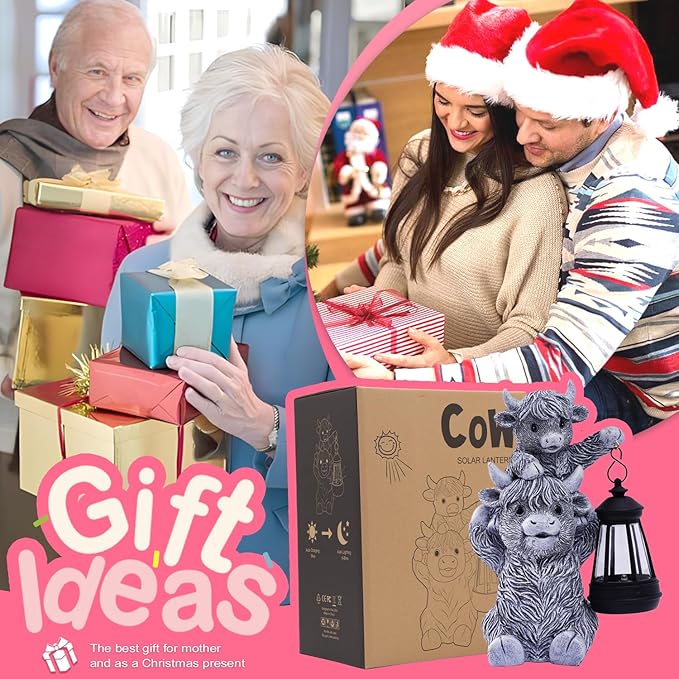 Goodeco 9.5 Inch Highland Cow with Solar Lantern – Resin Garden Decor, Outdoor Statue & Unique Highland Cow Gifts (Gray)