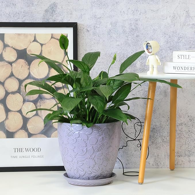 10inch Retro Ceramic Planter with Drainage Hole and Saucer for Multiple Plants, Indoor-Outdoor Garden Pots for Succulent, Orchid, and Flower (Fits Inner Pots Up to 9 Inch, Retro Purple)