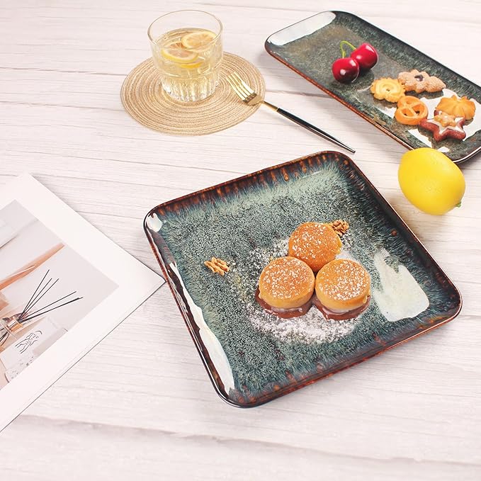 Ceramic Dinner Plates Dish Set, Set of 4, Microwave Oven and Dishwasher Safe, Scratch Resistant, Dinnerware Kitchen Porcelain Serving Dishes 9 inch Square plate