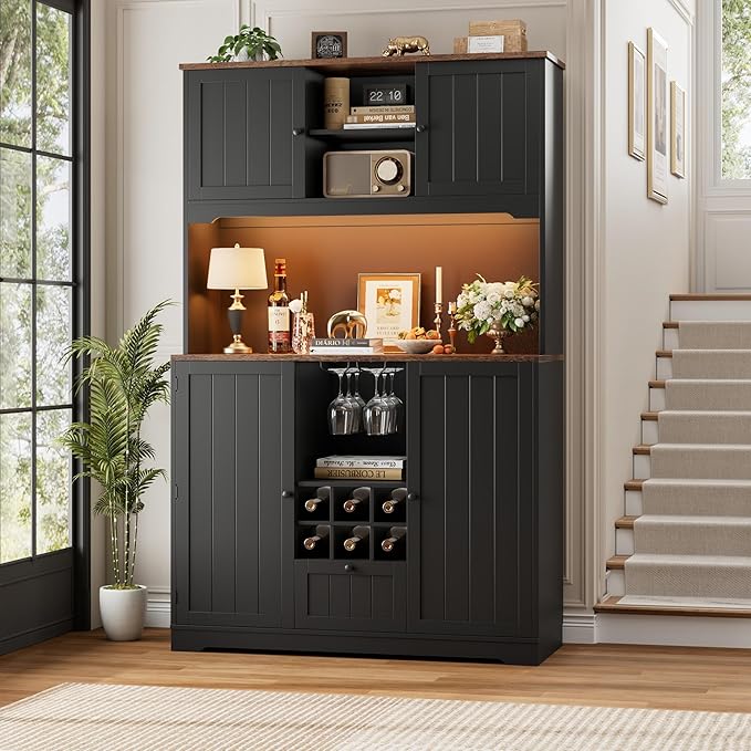 FINETONES 71" Pantry Cabinet with LED Light and Charging Station, Kitchen Pantry Cabinet with Microwave Stand, Kitchen Hutch Food Storage Cabinet with Outlet and Wine Racks, Black