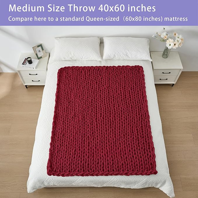 Bigacogo Chunky Knit Throw Blanket for Couch, 40x60 inches, 100% Hand Knitted with Thick Jumbo Chenille Yarn, Cozy Soft Large Rope Knot Cable Crochet Blankets for Sofa Bed Living Room, Red