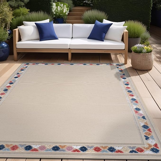Beverly Rug Outdoor Rug 5x7 Modern Bordered Area Rugs for Indoor and Outdoor Patio Easy to Clean Non Shedding Living Room Porch Garden Washable Outside Carpet (5 x 7 Beige)