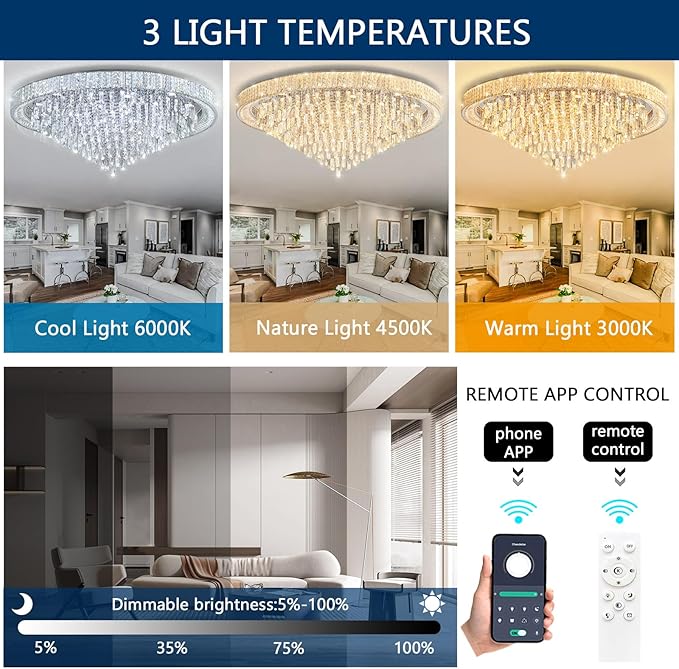 53.7'' Modern Chandeliers LED Dimmable Crystal Flush Mount Ceiling Chandeliers for Living Room High Ceiling Entrance Foyer Lobby Bedroom Silver