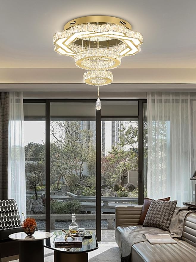 Flashing God Modern Crystal Chandeliers Dia 24" Gold Chandelier Flush Mount Ceiling Light for Bedroom Living Room Dining Room Hallway Dimmable 3 Rings LED Celing Lighting Fixtures