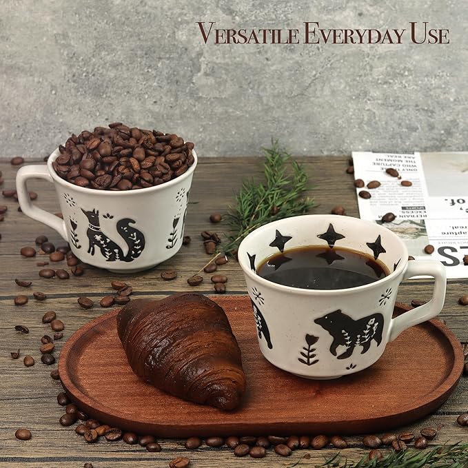 Ceramic Coffee Mug, 12 oz Novelty Unique Teacup with Large Handle, Stoneware Cup for Tea Mocha Latte Cappuccino Espresso (Set of 2, Fox and Bear)