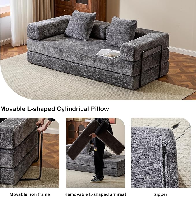 Convertible Sleeper Sofa Bed, Compression Folding Sofa with Pillow, No Assembly Required, Shape Frame, Floor Sofas Lounge Couch for Living Room, Bedroom, Small Spaces(Chenille, 77''W, Dark Grey)