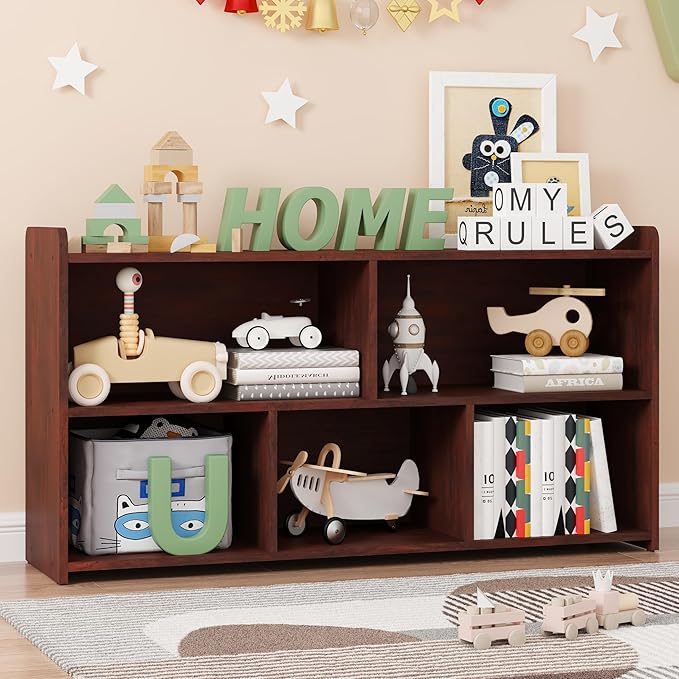 Book Shelf, 5 Cubes Storage Organizer, Open Shelf Wooden Bookcase, Freestanding Cherry Bookshelf Cube Shelf for Bedroom, Living Room, Home Office