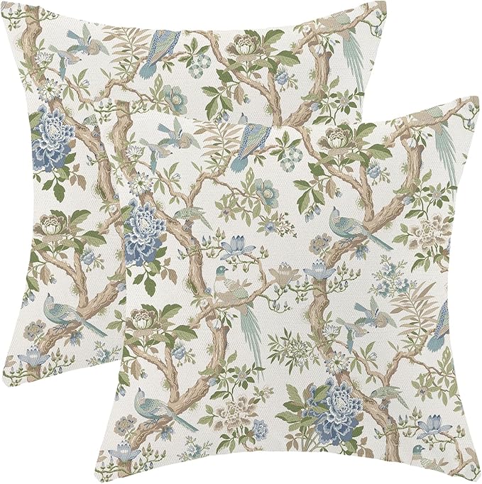 CXMEIFLY Chinoiserie Spring Pillow Covers 16 x 16 Inch Set of 2 for Blue Sage Green Vintage Flowers Bird Decor Throw Pillows Plant Farmhouse Outdoor Decorative Cushion Cases for Couch Bed Decorations