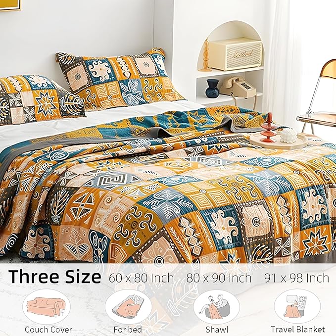 Boho Throw Blanket for Bed - 100% Pure Cotton Ultra Soft Rustic Quilt - Farmhouse Decor Bed Blankets, All Season Rustic Throw for Sofa Couch Chair(91''x 98'', Art Squares)