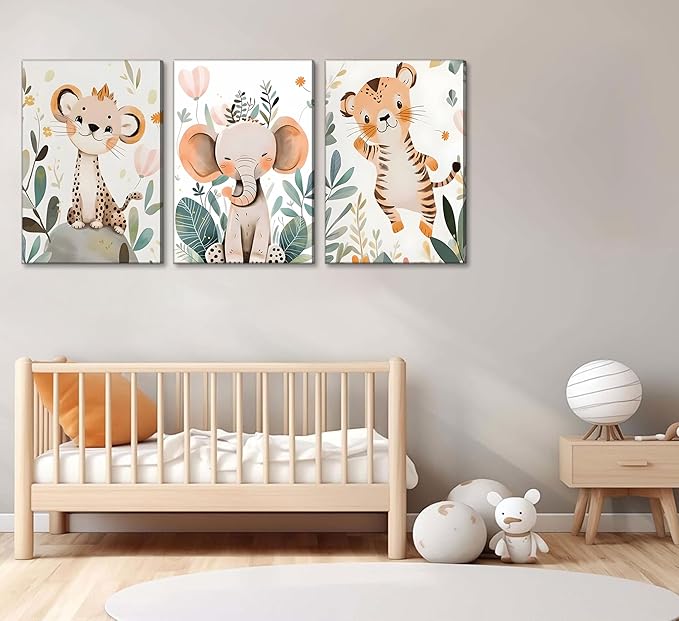 3 Pcs Safari Animals Nursery Canvas Wall Art Jungle Animals Cheetah Elephant Tiger Kids Room Illustration Pictures Wall Decor Posters Print Artwork for Classroom Boy's Girl's Room Bedroom