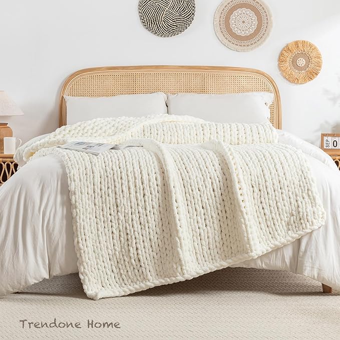 Chunky Knit Blanket Throw, 100% Hand Knit Throw Blanket Handmade Chenille Cable Knit Throw for Couch, Stylish Cozy Soft Rope Knot Crochet Blanket for Home Decor, Ivory, 40x50 Inches