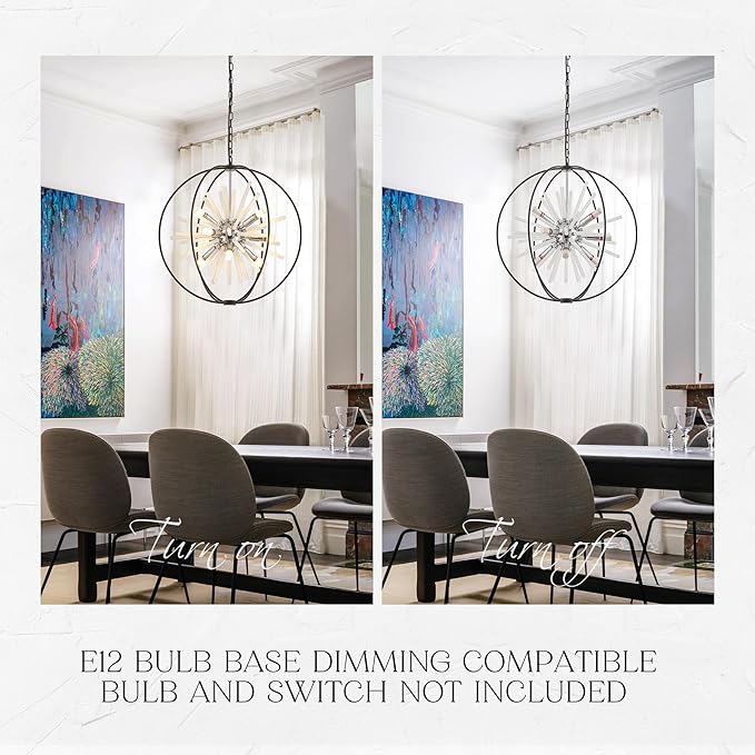 23.6" Black Chrome 12-Light Globe Sputnik Chandelier Modern Adjustable Hanging Ceiling Glass Tube Pendant Light Fixture for Entryway Foyer Staircase Dining Living Room Hallway