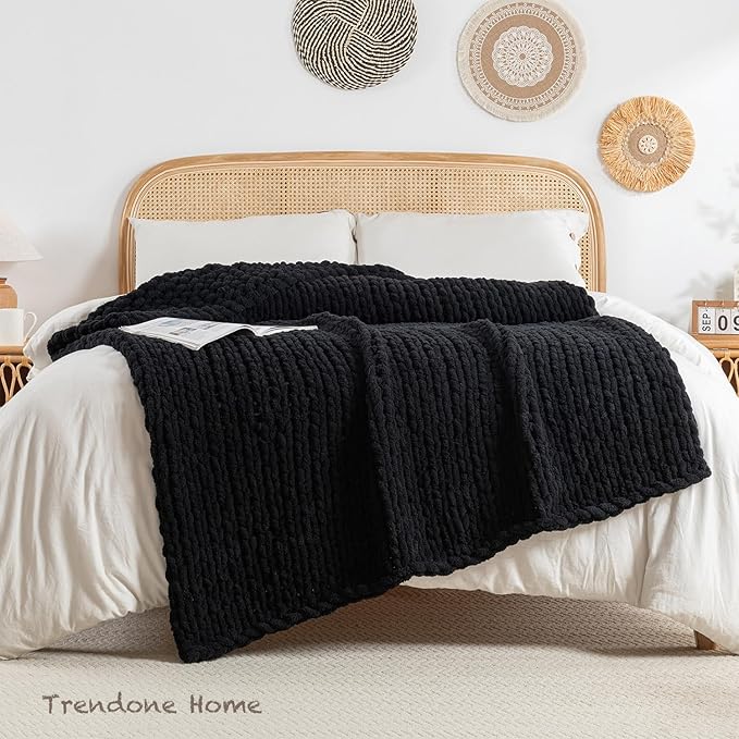 Chunky Knit Blanket Throw, 100% Hand Knit Throw Blanket Handmade Chenille Cable Knit Throw for Couch, Stylish Cozy Soft Rope Knot Crochet Blanket for Home Decor, Black, 50x60 Inches