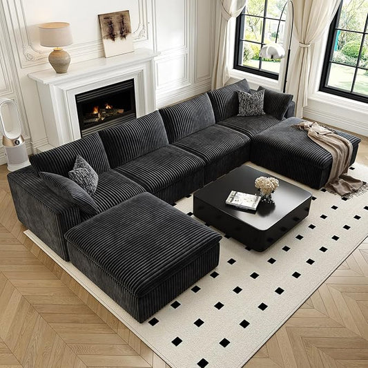 157.5" Cloud Couch Oversized Modular Sectional Sofa for Living Room,Modern Sofa with Deep Seat，U-Shape Boneless Couch with 2 Ottoman,Comfy Upholstered Couches for Apartment, Studio, Office,Black