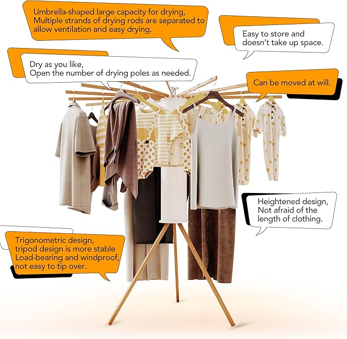 Clothes Drying Rack Tripod,Drying Rack Clothing,Laundry Drying Rack,Floor Standing,16 Wooden Poles,Collapsible Drying Racks for Laundry,Retractable,Foldable,Folding