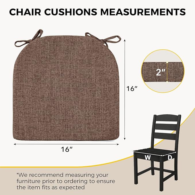 downluxe Indoor Chair Cushions for Dining Chairs, Soft and Comfortable Textured Foam Kitchen Chair Pads with Ties and Non-Slip Backing, 16" x 16" x 2", Brown, 2 Pack