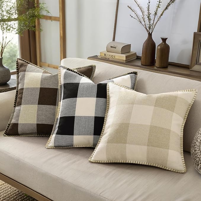 decorUhome Buffalo Plaid Check Throw Pillow Covers 20x20 Set of 2, Outdoor Decorative Farmhouse Neutral Pillow Covers with Stitched Edge for Bed Couch Sofa, Black and White