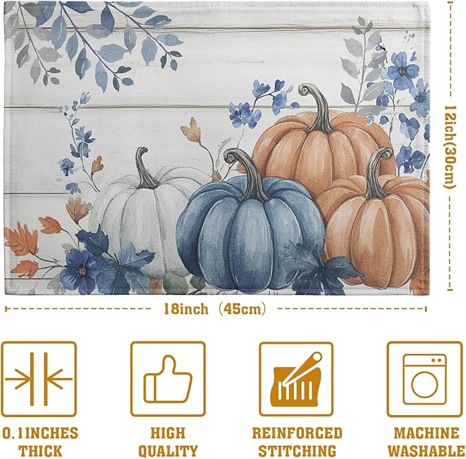 Autumn Placemats Blue Pumpkin Fall Place Mat Eucalyptus Leaves Floral Wood Grain Table Mats Thanksgiving Harvest Linen Placemat Party Kitchen Dining Decoration 12x18 Inch Set of 4