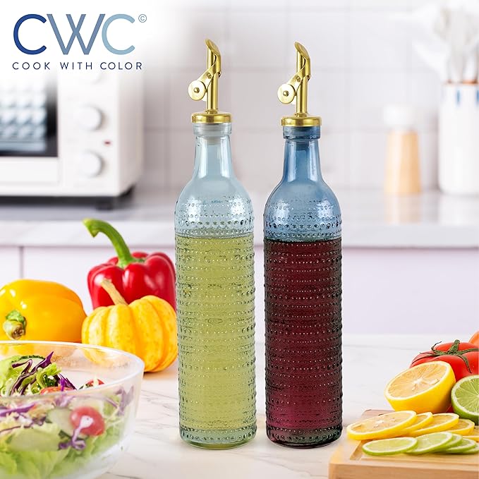 COOK WITH COLOR Glass Olive Oil Bottle Dispenser - 2 Pack- 17oz Oil and Vinegar Cruet - Olive Oil Carafe Decanter for Kitchen