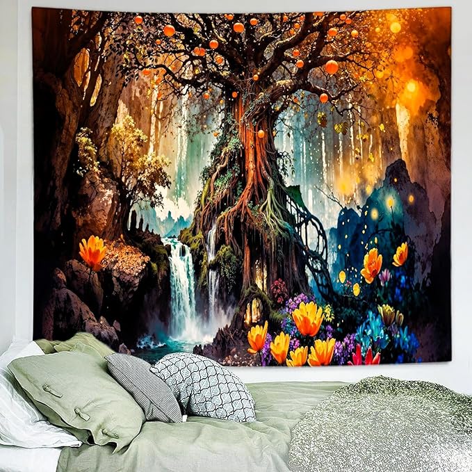 Delur Magical Forest Tapestry Fantasy Tree of Life Fairy Tale Enchanted Mystical Forest Tapestry Psychedelic Nature Landscape Wall Hanging Headboard for Bedroom Living Room Home Decor (51.2" x 59.1")