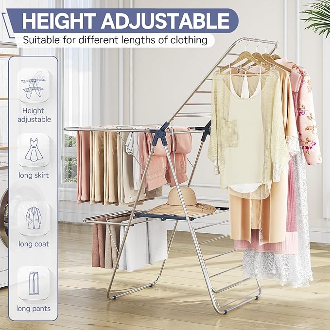 APEXCHASER Clothes Drying Rack with 4 Wings, Drying Rack Clothing with Height-Adjustable, Foldable Gullwings Laundry Drying Rack, Indoor Outdoor Use, No Assembly, Blue
