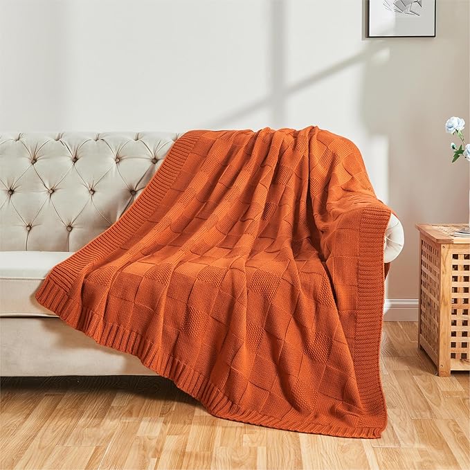 CozeCube Check Knit Throw Blanket, Rust Orange Checkered Throw for Couch, Decorative Christmas Soft Cozy Warm Knitted Blanket for Bed Sofa Living Room, 50"X60"
