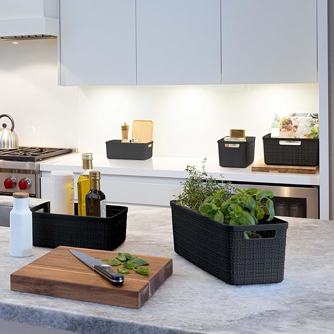 Curver Set of 8 Jute Slim Decorative Plastic Organization and Storage Baskets, Perfect Bins for Home Office, Closet Shelves, Kitchen Pantry and All Bedroom Essentials, Black